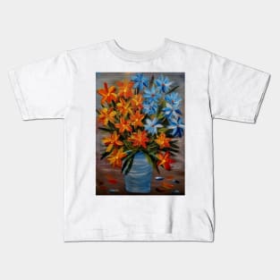 some abstract orchids in red and yellow and. Blue and white and I love the vase in glass and metallic finish on it Kids T-Shirt